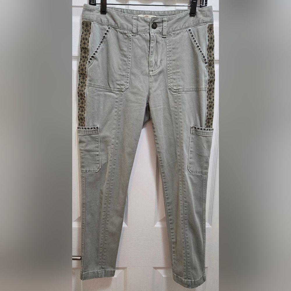 Bob Timberlake, Slim Leg Embroidered Utility Pants, Size 8, Khaki-Olive